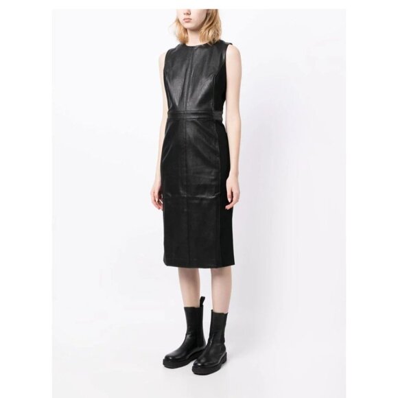 SPANX Dress Black Leather Like Combo Fitted M Delux Sheath Sleeveless 2039 - Picture 16 of 16